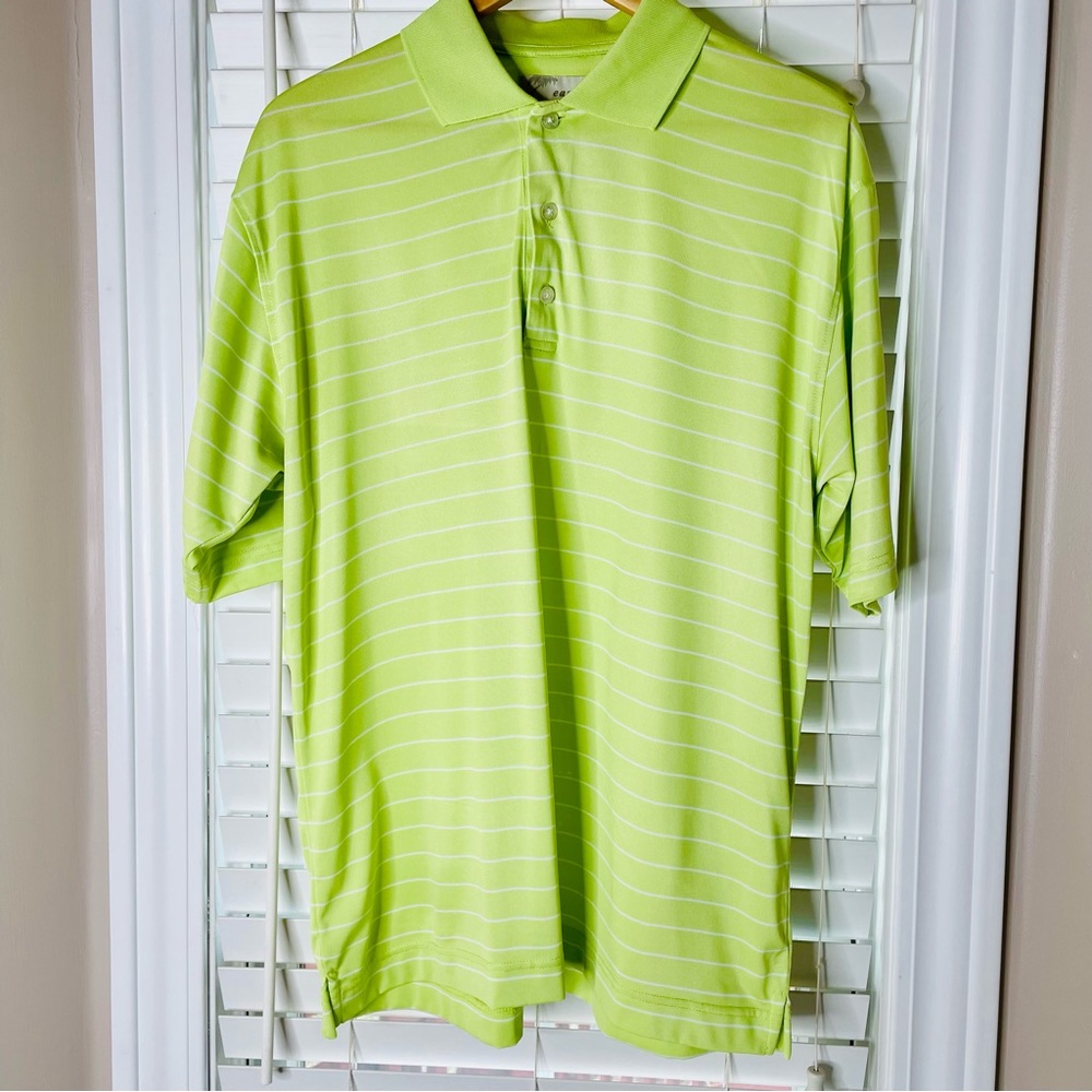 EASE MENS SIZE MEDIUM GREEN WHITE PINSTRIPED GOLF SHIRT POLYESTER GOOD COND